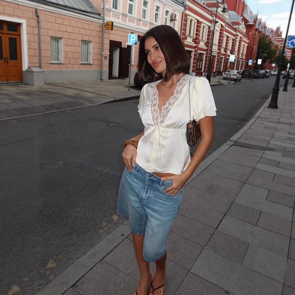 Women's Cream Short Sleeve V-Neck Top with Lace Trim & Tie Front - Image 4